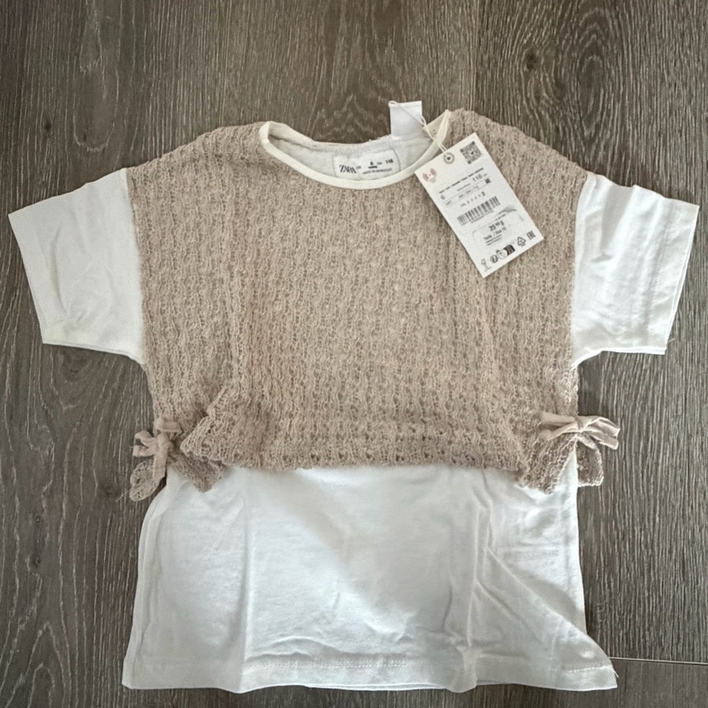 Zara Kids Textured Beige and White Tee